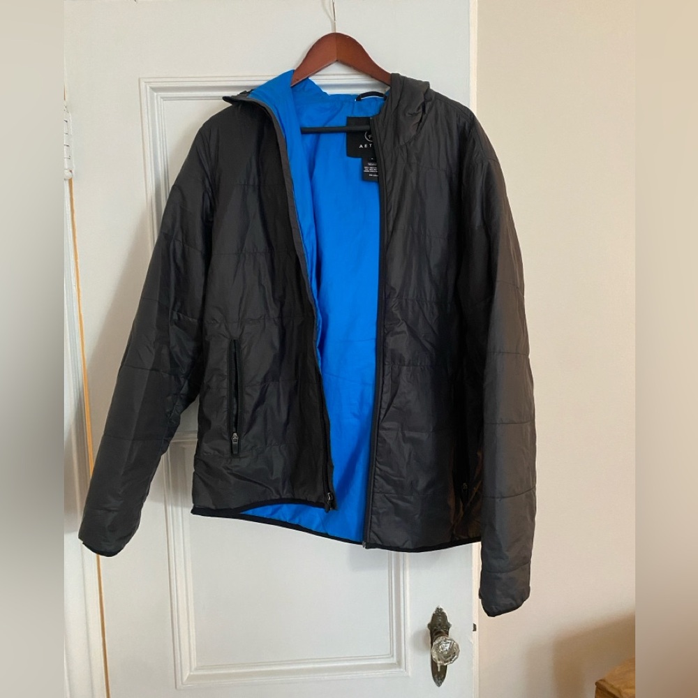 AETHER jacket, size 3, dark grey outside, bright blue inside